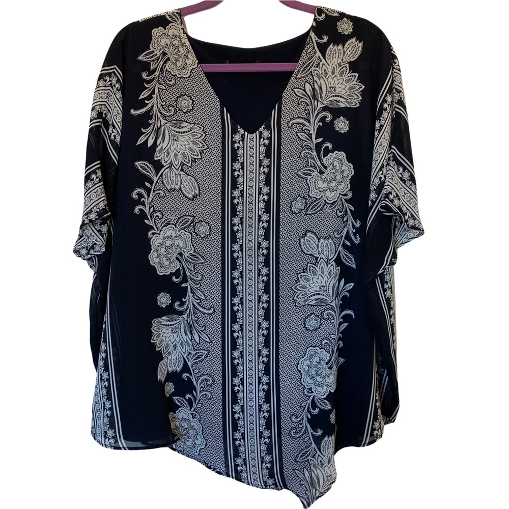 V-Neck Blouse Navy & White Lined Size 1X
